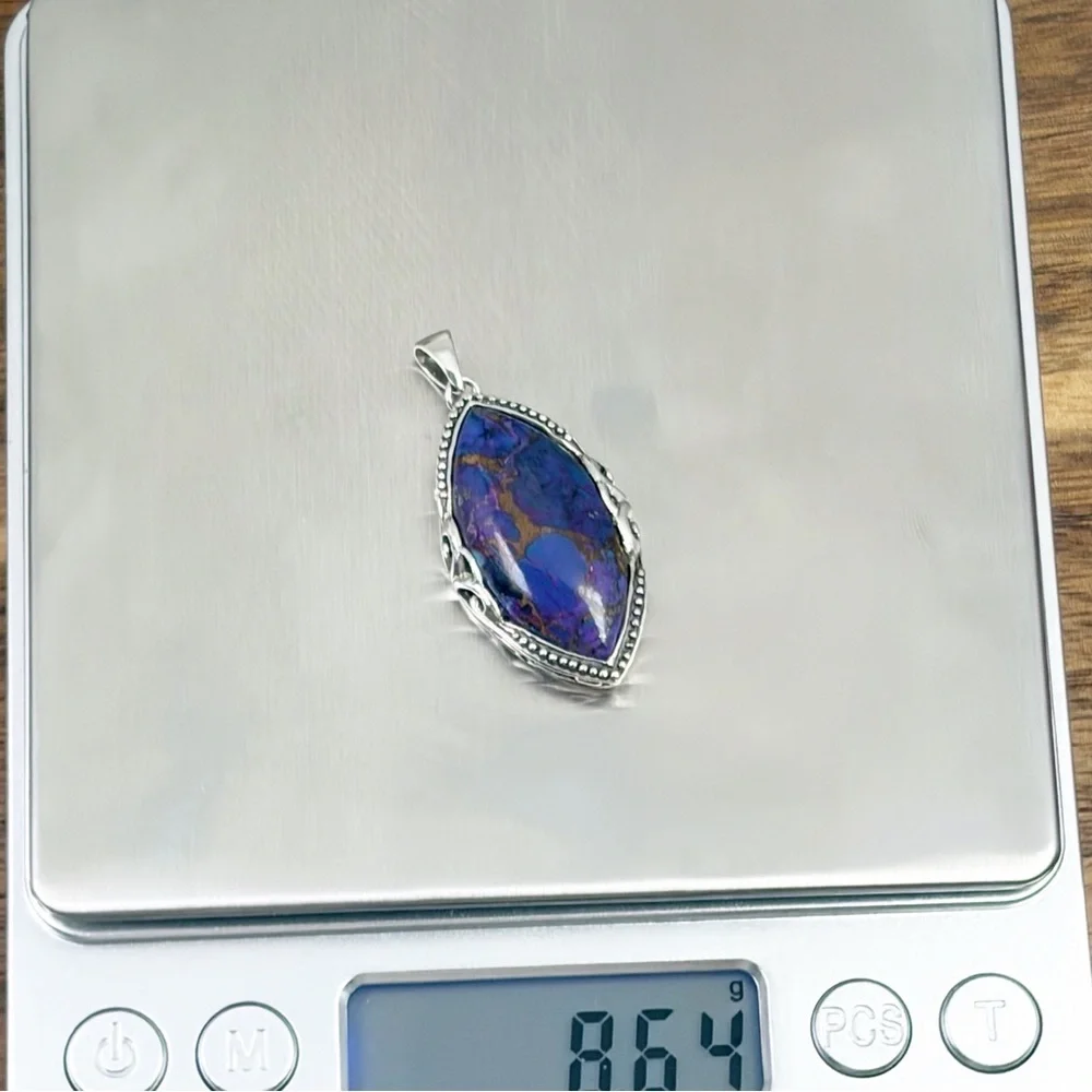 Vintage Sterling Silver 925 Purple Copper Turquoise Pendant Marquise Southwest